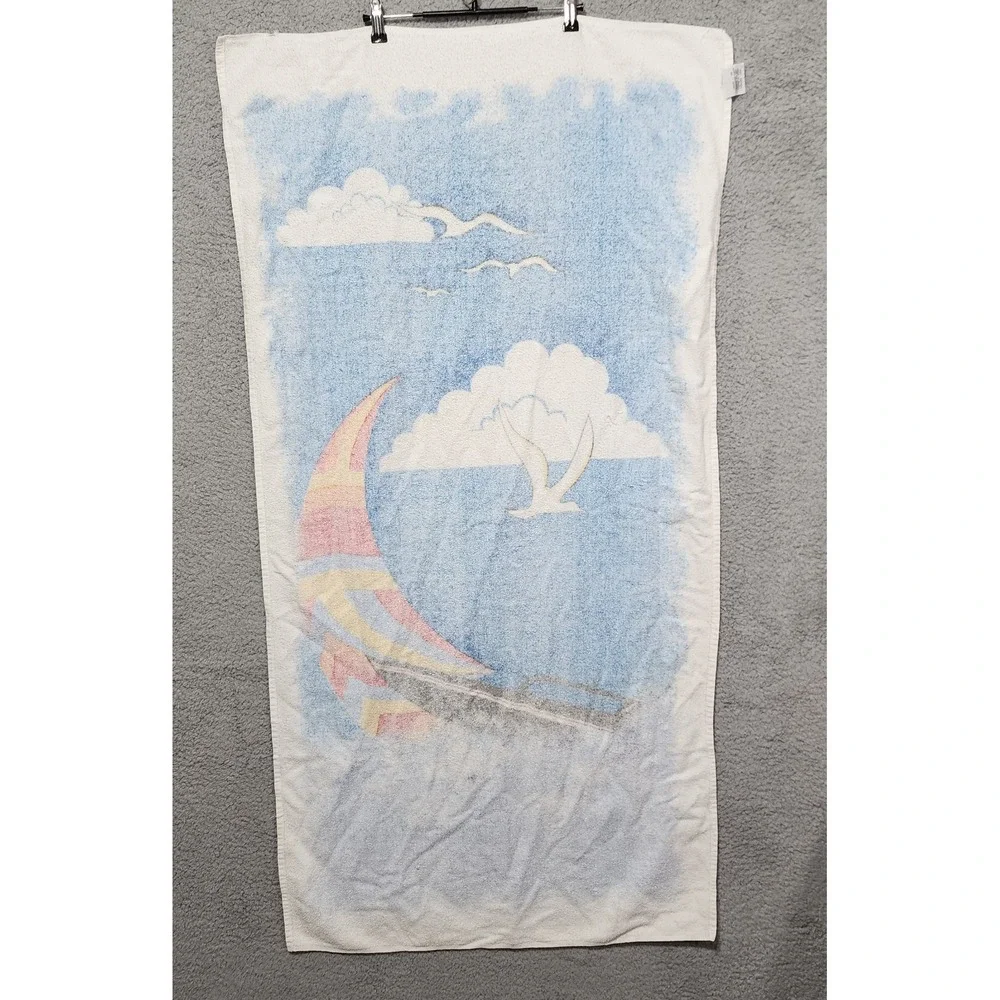 Kel-Tex by Schlosser Beach Towel Vintage Sailboat Beach Bird‎ Clouds 80's 90's